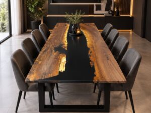 Handcrafted live-edge wooden dining table with a black epoxy river, in a modern showroom with upholstered chairs, part of our custom wooden tables and doors collection.