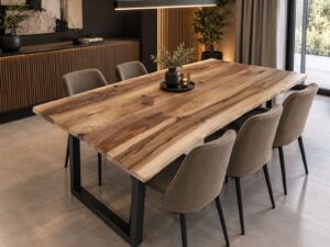 Handcrafted live-edge wooden dining table with black metal legs, surrounded by beige upholstered chairs, showcasing our custom wooden tables and doors.