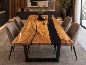 A handcrafted live-edge wooden dining table with a black resin inlay and metal legs, from a workshop specializing in custom wooden tables and doors.