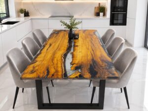 Handcrafted live-edge wooden dining table with a resin river in a modern kitchen, ideal for custom wooden tables and doors.